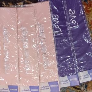 5 leather bookmarks pink "remember"/purple "love"